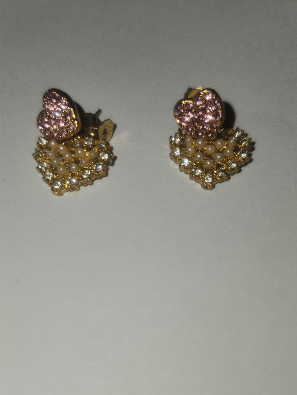 Gold Heart Double-Stud Earrings with Pink Crystal Accent